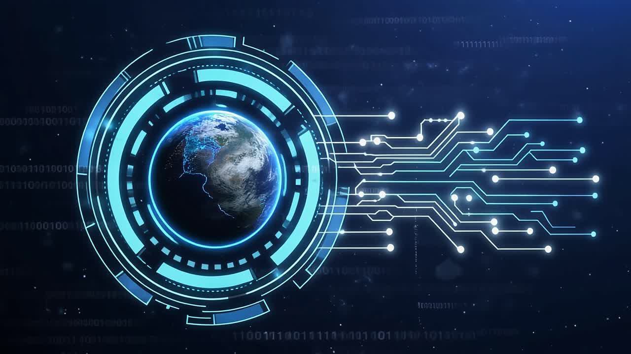 Digital Earth Globe with Circuit Board and Binary Code Connections