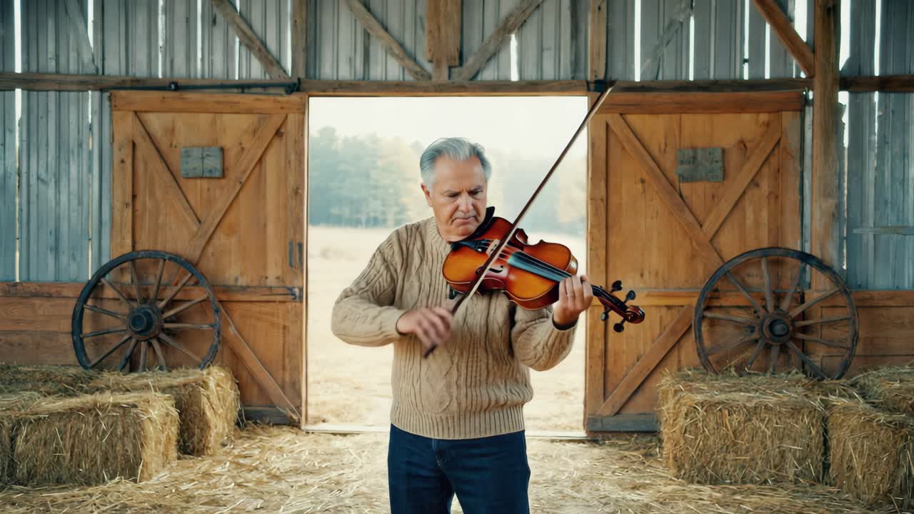 Man Playing Violin in a Barn