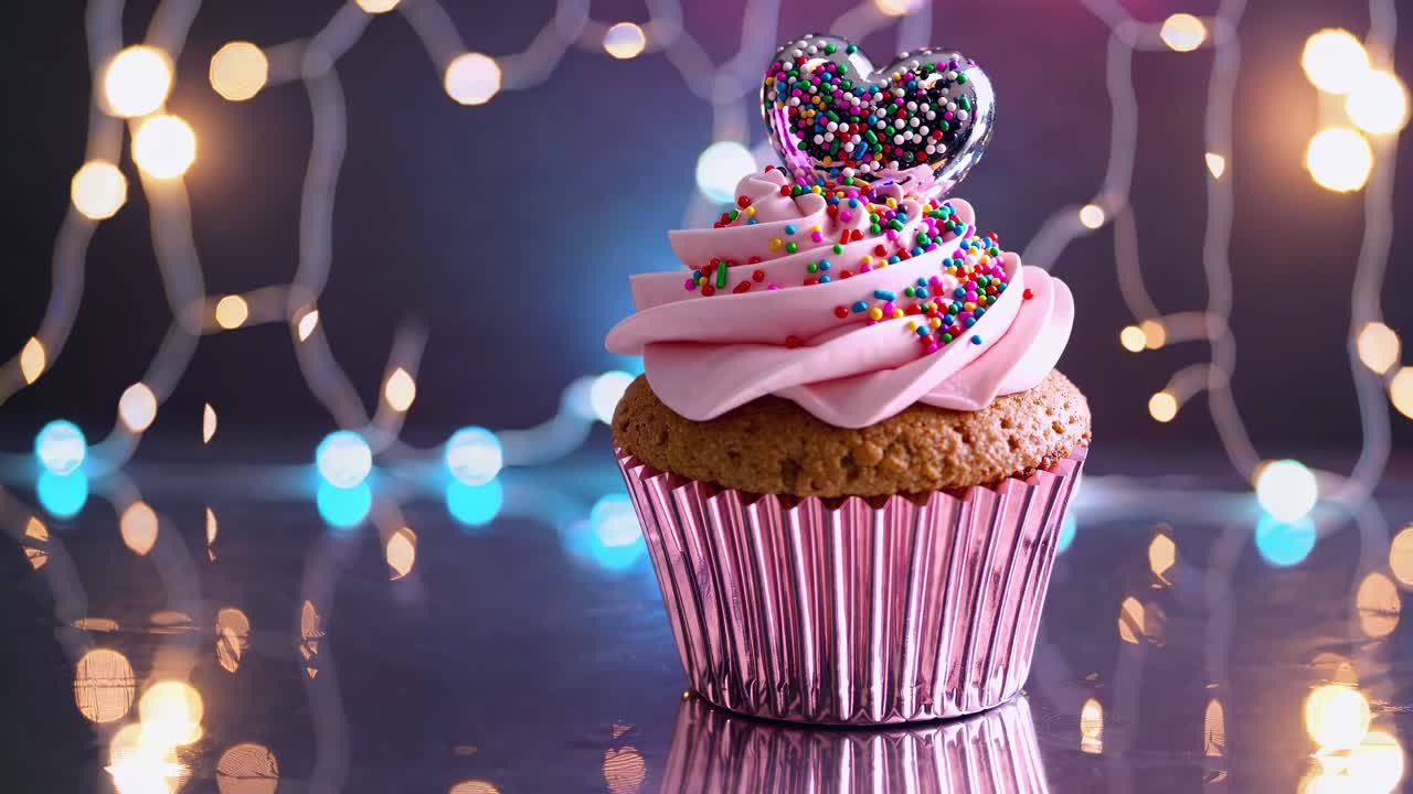 pastel rosa decorado con salpicaduras en forma de corazón se sienta en una superficie reflectante, con luces bokeh de colores en el fondo, creando un estado de ánimo festivo y de celebración