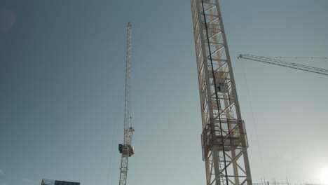 varias grúas trabajan en un sitio de construcción contra un cielo soleado y brillante