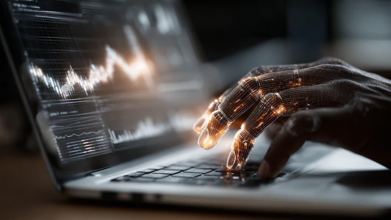 Innovative Technology: A Close-Up of a Digitally Enhanced Hand Interacting with Data on a Laptop, Showcasing the Fusion of Humanity and Artificial Intelligence in Computing