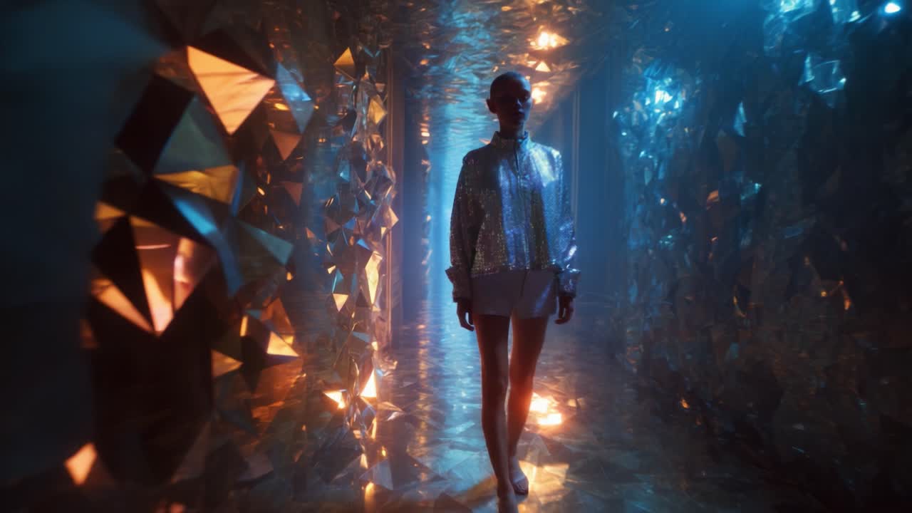 A Fashion Model Gracefully Strolling Through a Glittering Crystal Hallway Illuminated by Vibrant Lights, Exuding Confidence and Style in a Stunning Reflective Outfit with an Enchanting Atmosphere