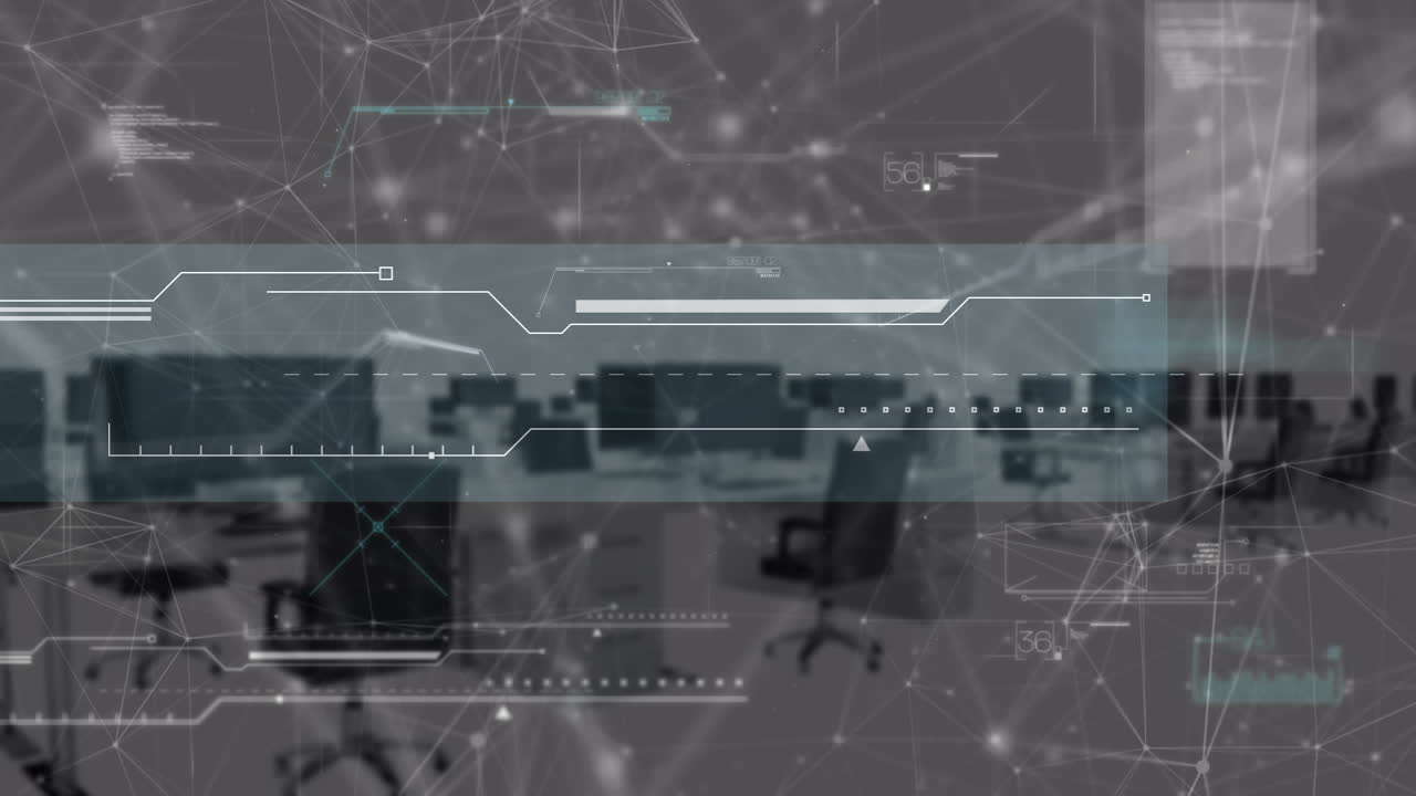 빈 사무실에 대한 연결 네트워크 및 데이터 처리의 애니메이션.