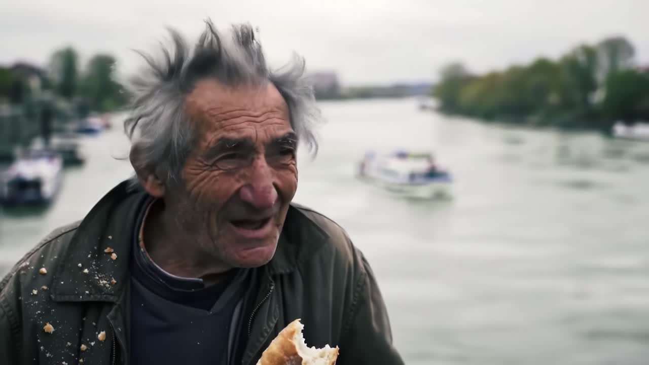 An elderly man stands by the river, smiling while holding a piece of bread. Boats glide by in the background under a cloudy sky, capturing a quiet moment of joy amidst nature.