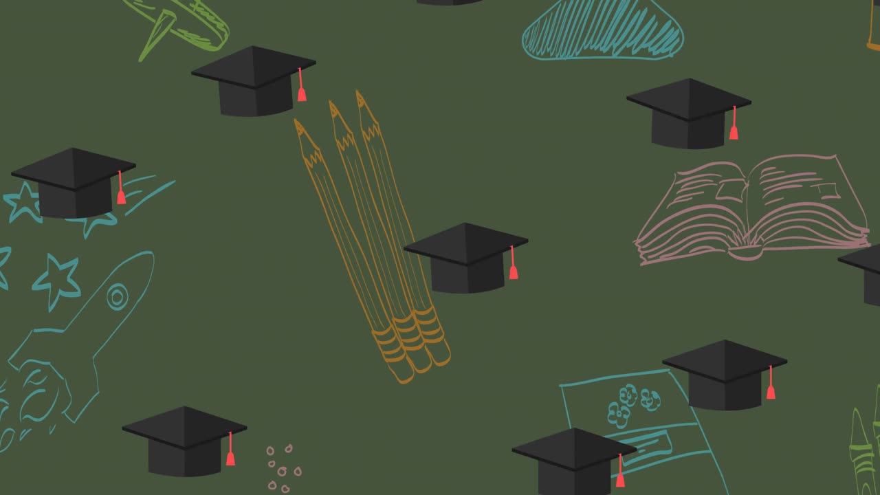Animation af gentagne studenterhuer, der bevæger sig over en grøn tavle med tegninger i kridt