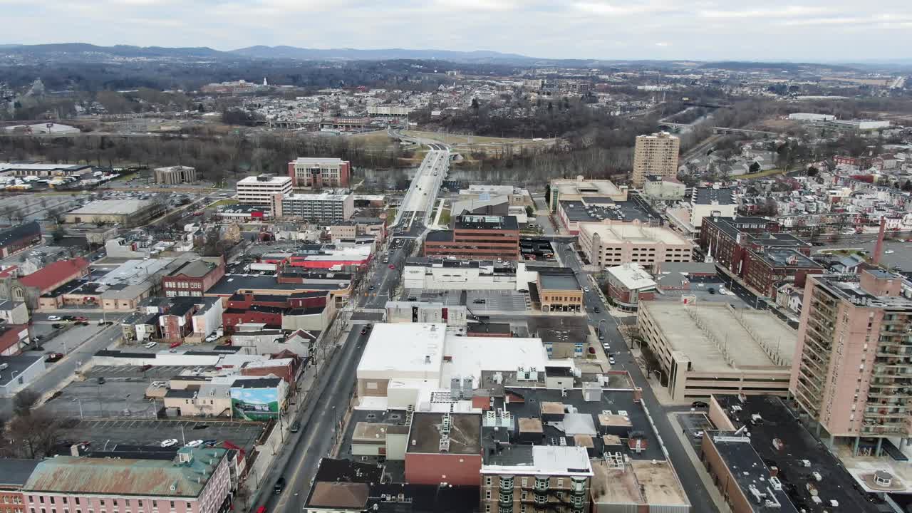 City of Reading, PA aerial of urban cityscape in Berks County, Pennsylvania, downtown district with businesses and US government buildings