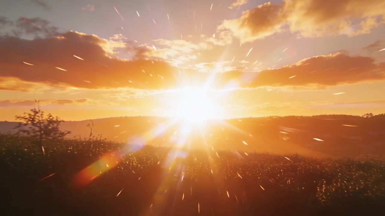 Glühende Sonne berührt den Horizont, erzeugt Lens Flare mit funkelnden Streifen über einer Wiese und beleuchtet Hügel.