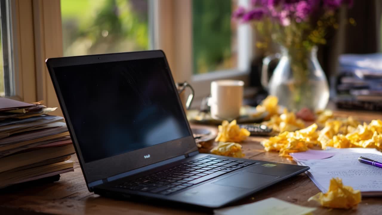 Uno spazio di lavoro accogliente con un laptop tra carte e petali gialli, circondato da luce naturale che esalta l'ispirazione creativa e la produttività in un ambiente di ufficio domestico.
