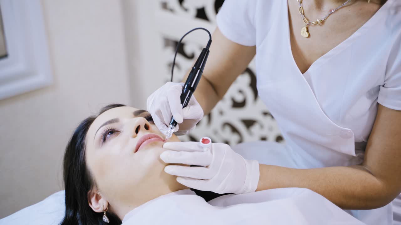 A gorgeous woman with black hair on the procedure of permanent makeup in the center of cosmetology. A master puts a pink pigment in the area of the client's lips. Close-up.