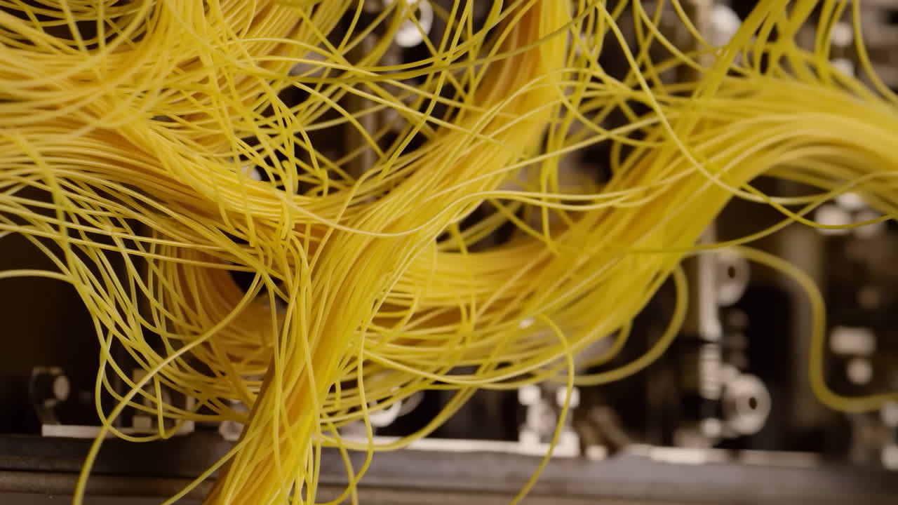 Gule fiberoptiske kabler viklet sammen på patchpanel, nærbillede viser lysegule tråde, der flettes.