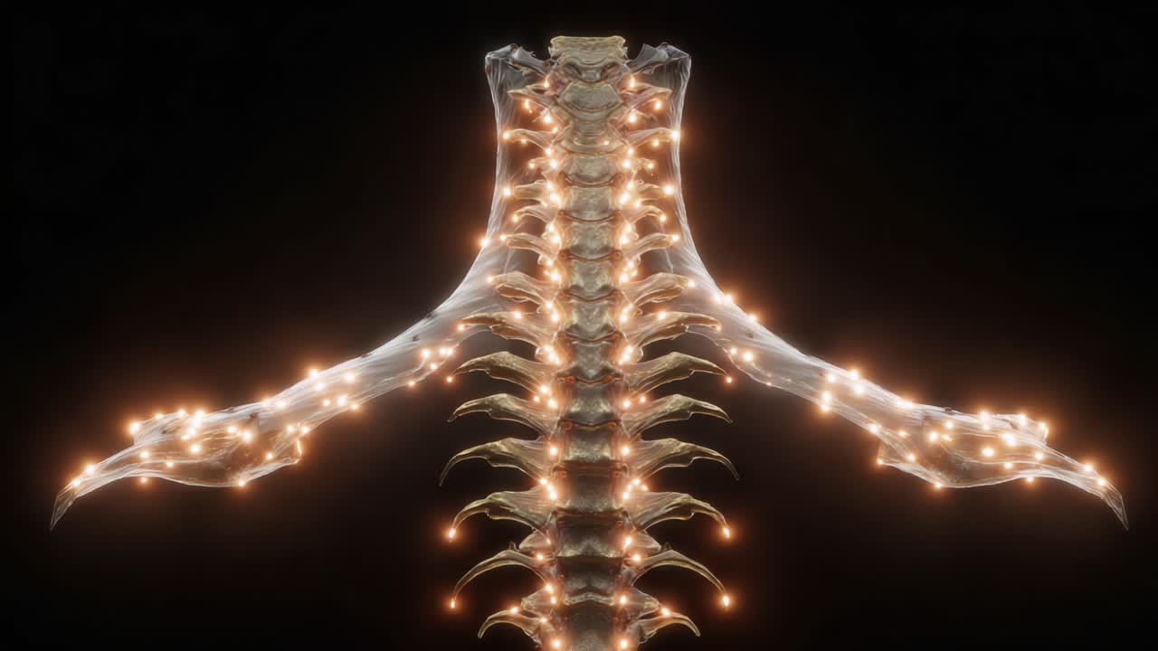 Una rappresentazione visiva dettagliata della colonna vertebrale umana illuminata da luci, che mette in mostra le complessità della struttura vertebrale e degli elementi circostanti.