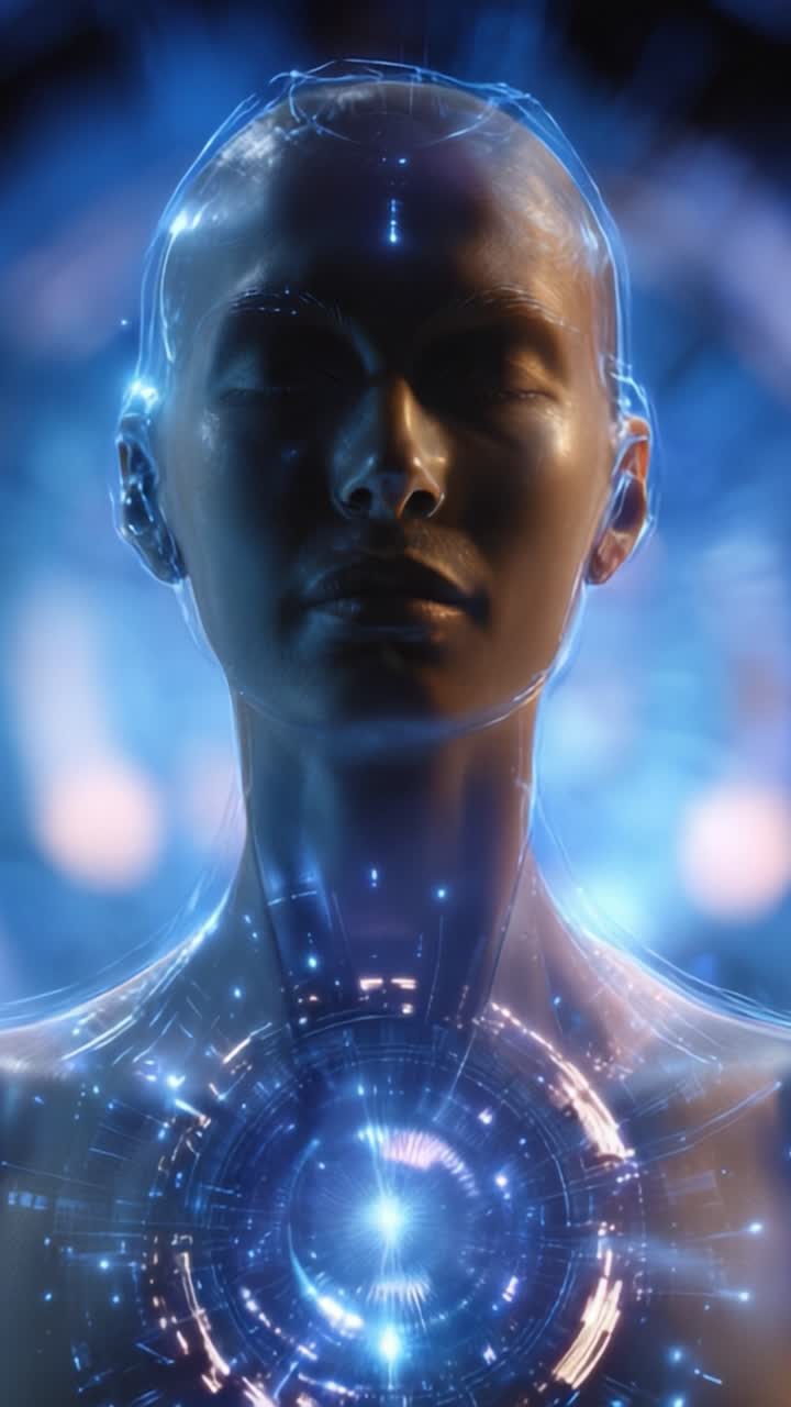A futuristic, ethereal depiction of a cybernetic figure with glowing features and an intricate energy core emanating a vibrant blue light in an advanced digital realm