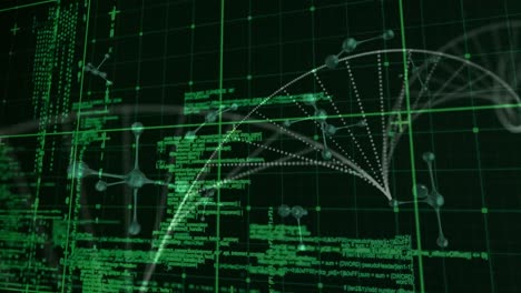 estructura del adn y estructuras moleculares girando sobre el procesamiento de datos contra fondo verde