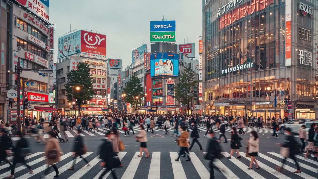 Vibrant Urban Intersection: A Bustling Crosswalk Scene Capturing the Pulse of City Life with Busy Pedestrians Navigating Through Streets in a Lively Commercial District