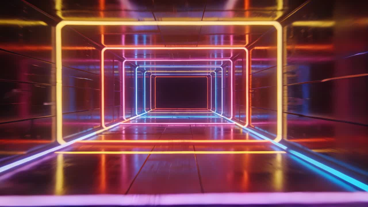 Video verticale: Telecamera che si muove attraverso cornici al neon su un pavimento lucido, creando un'atmosfera di viaggio.
