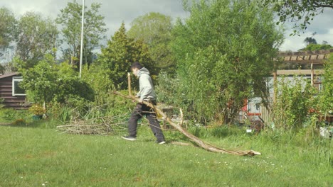 young gardener dragging big branch over garden