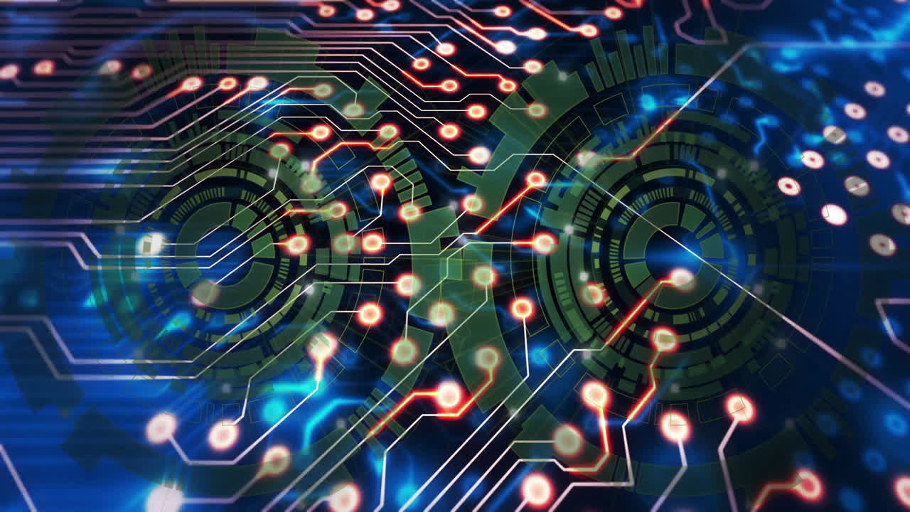 Glowing nodes and digital patterns creating animation on futuristic circuit board