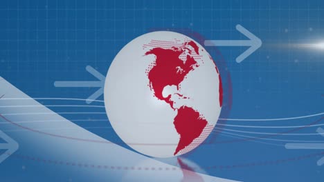 animación de iconos de globo giratorio y flecha moviéndose hacia los lados contra un fondo azul