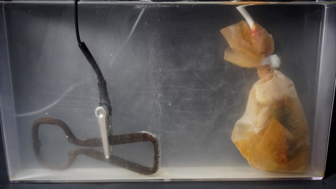 A rusty bottle opener is treated in electrolytic bath and changes color in time-lapse motion