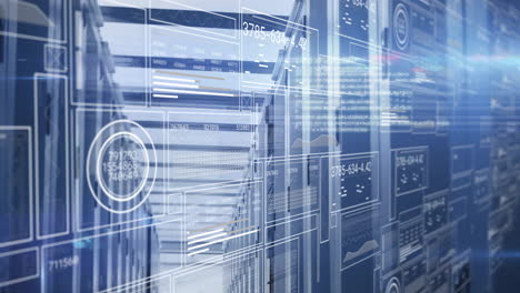 Animation overlaying digital data and network interface on server racks in data center