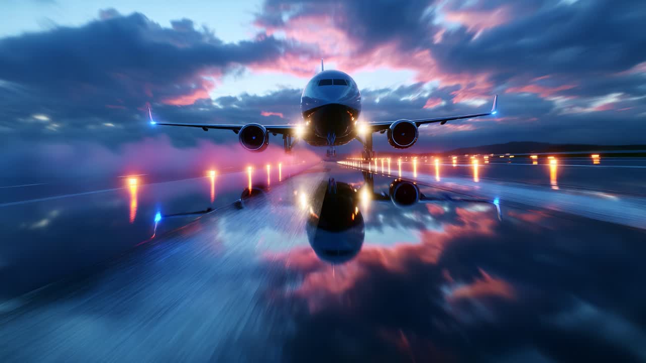 Una vista mozzafiato di un aeromobile in preparazione al decollo sotto un cielo spettacolare pieno di nuvole colorate al tramonto, che mostra la pista illuminata e i riflessi a specchio sulla superficie bagnata con dettagli straordinari