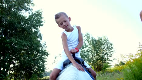 a boy of seven, in a white t-shirt, sits on a pony, strokes him. cheerful, happy family vacation. outdoors, in the summer, near the forest