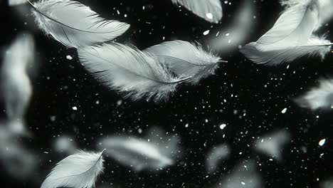 soft feathers drifting in the air. delicate feathers float through the air, creating a serene atmosphere against a dark background.