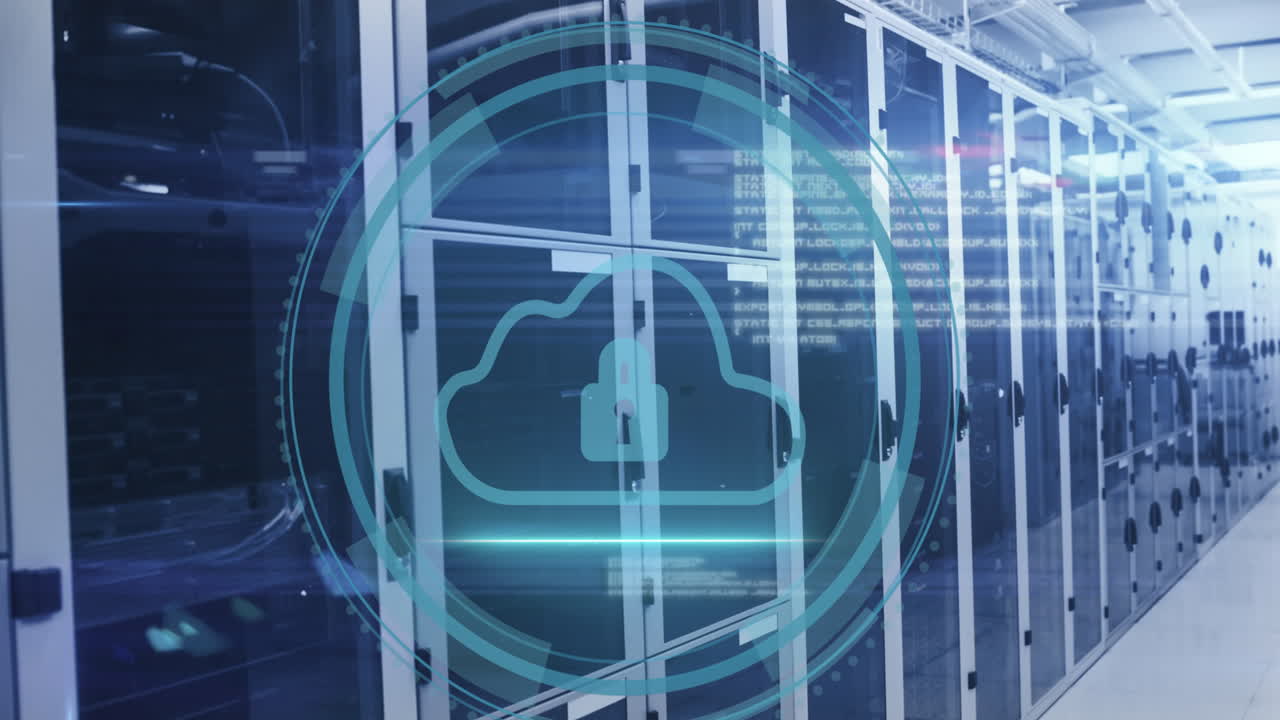 데이터 서버 시스템에서 원형으로 된 잠금 아이콘과 함께 사이버 보안 텍스트와 클라우드의 애니메이션