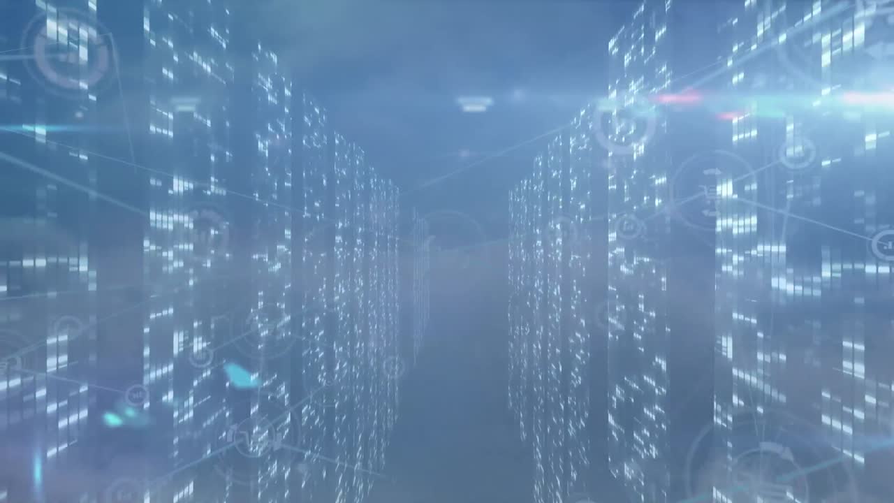Animation of network of connections and data processing over blue sky