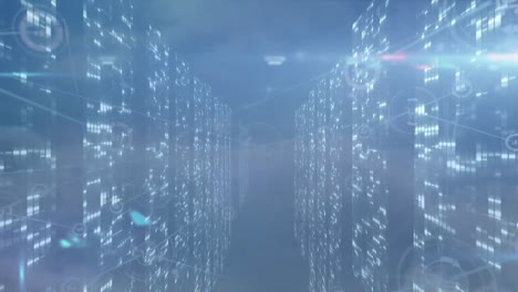 animation of network of connections and data processing over blue sky