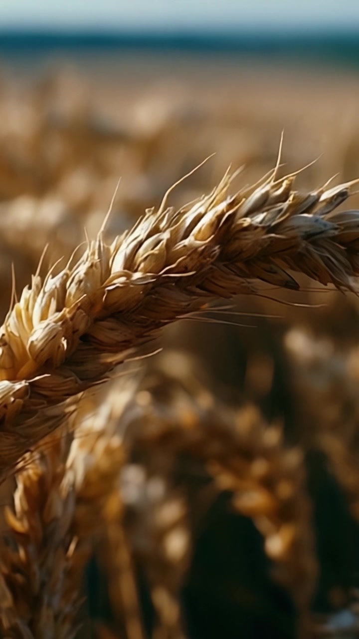 Primo piano di grano dorato che ondeggia nella brezza leggera: una rappresentazione perfetta dell'abbondanza agricola e della bellezza del raccolto della natura.