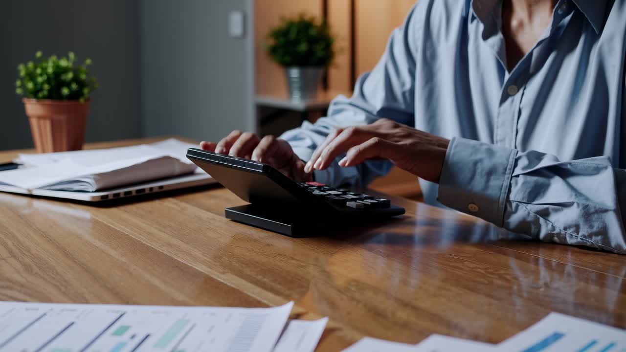 A side-angle video captures a person in a blue shirt using a calculator at a wooden desk