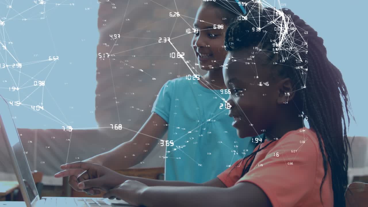 Animation of globe with network of connections over diverse schoolchildren using laptop in classroom