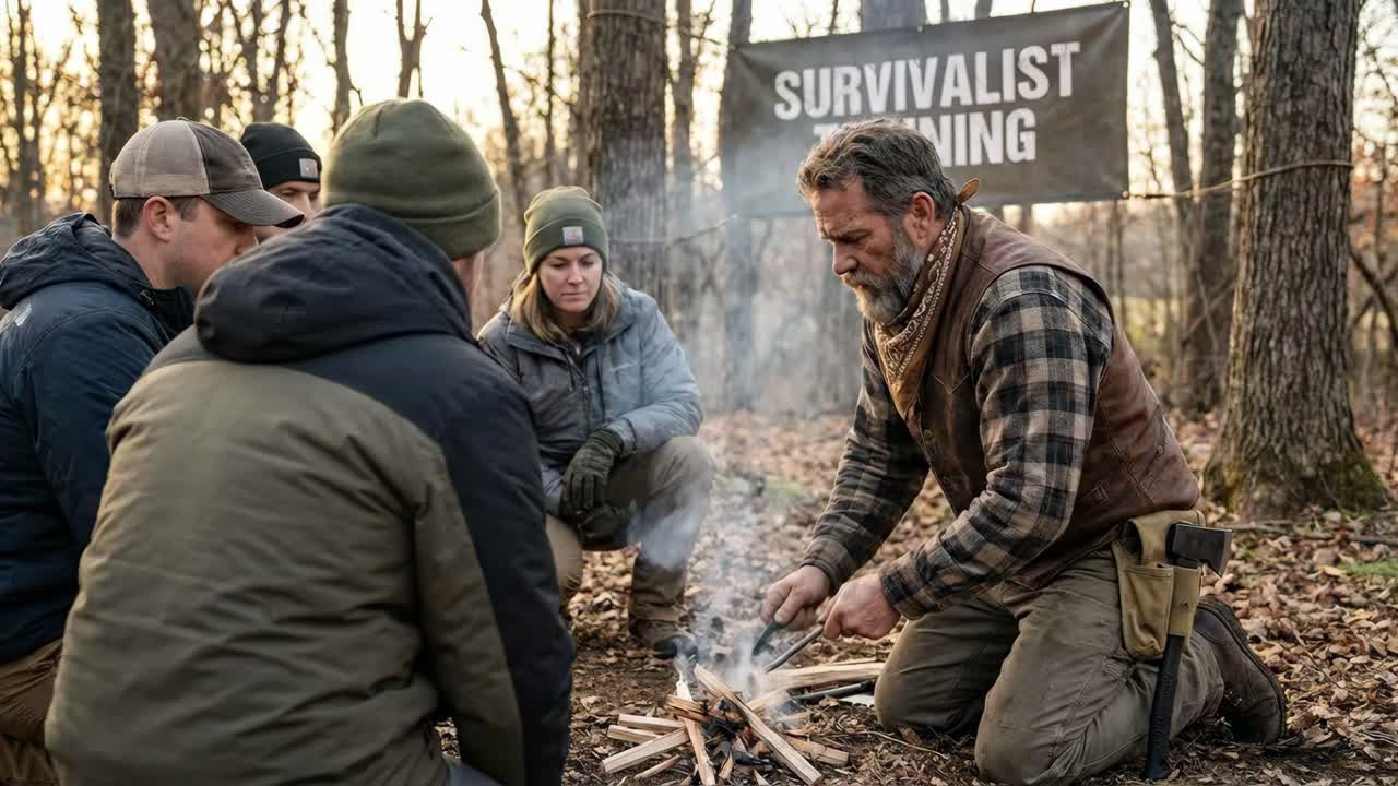 Survivalist Training Campfire in the Woods
