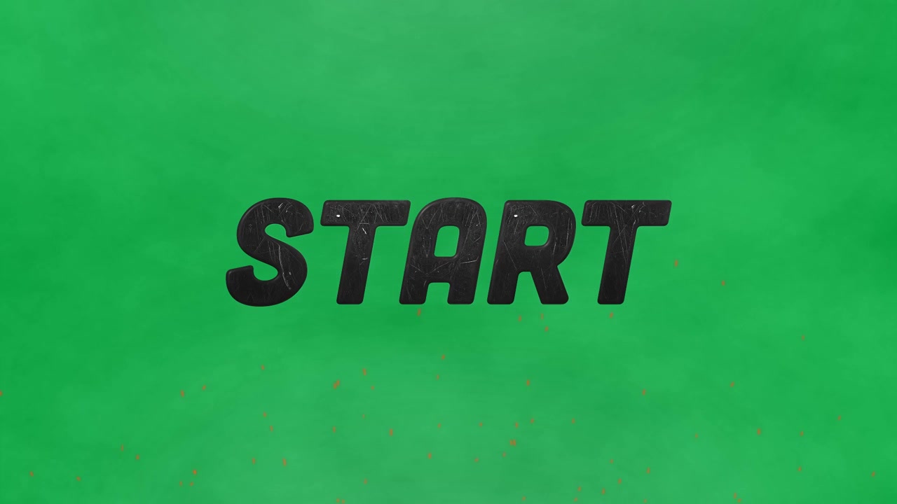 Animation of start text with red flickering particles on grey cloudy background