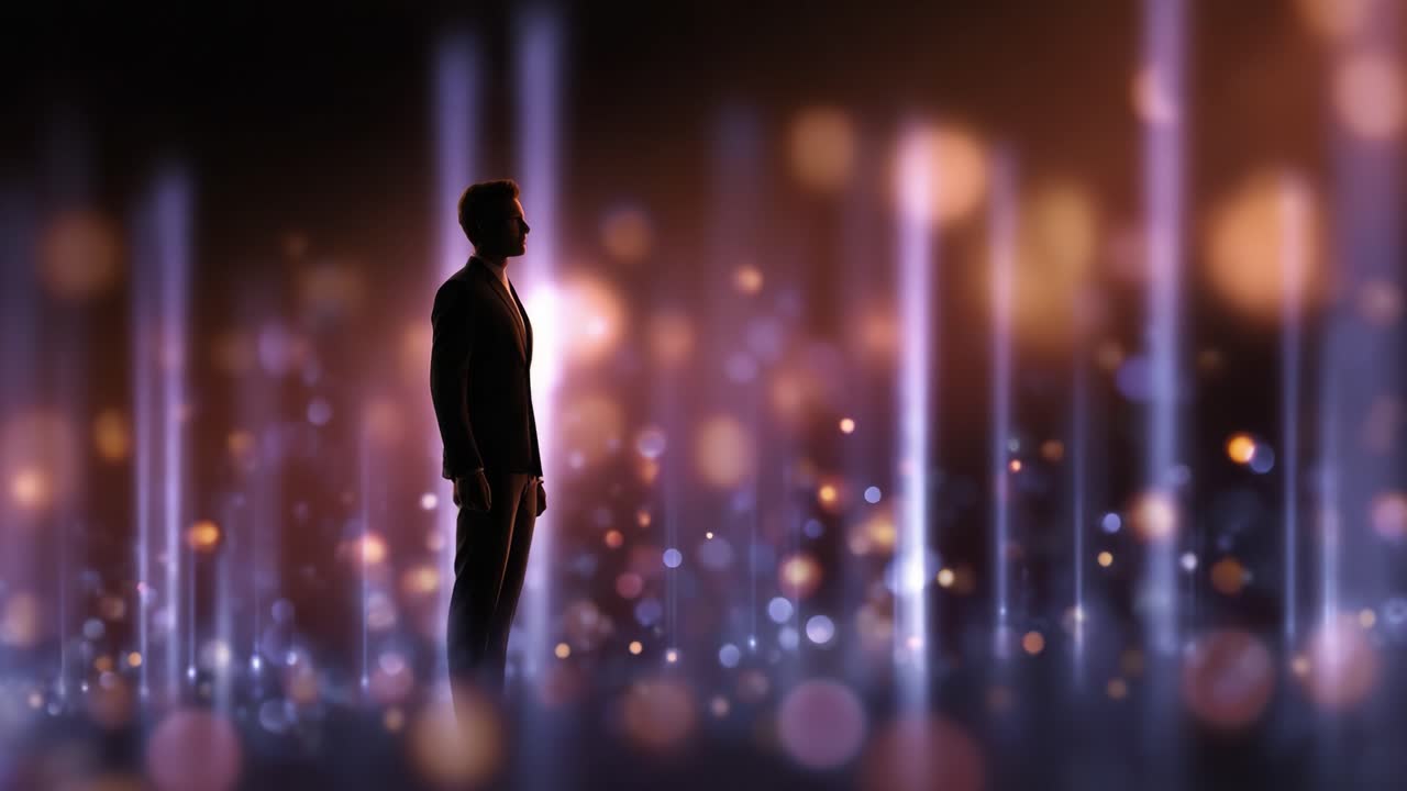 A Thoughtful Man Stands Silhouetted Against a Backdrop of Softly Glowing Lights and Vibrant Particles, Evoking an Atmosphere of Reflection and Wonder