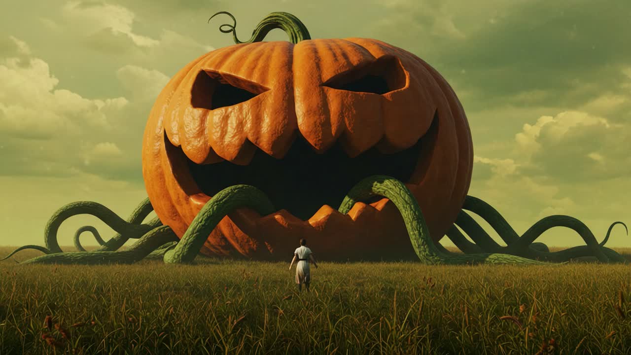 A looming giant pumpkin, menacing with twisted vines and expressive features, captivates an observer standing in a vast field, blending fantasy and fiendish fun