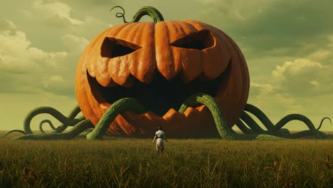 a looming giant pumpkin, menacing with twisted vines and expressive features, captivates an observer standing in a vast field, blending fantasy and fiendish fun