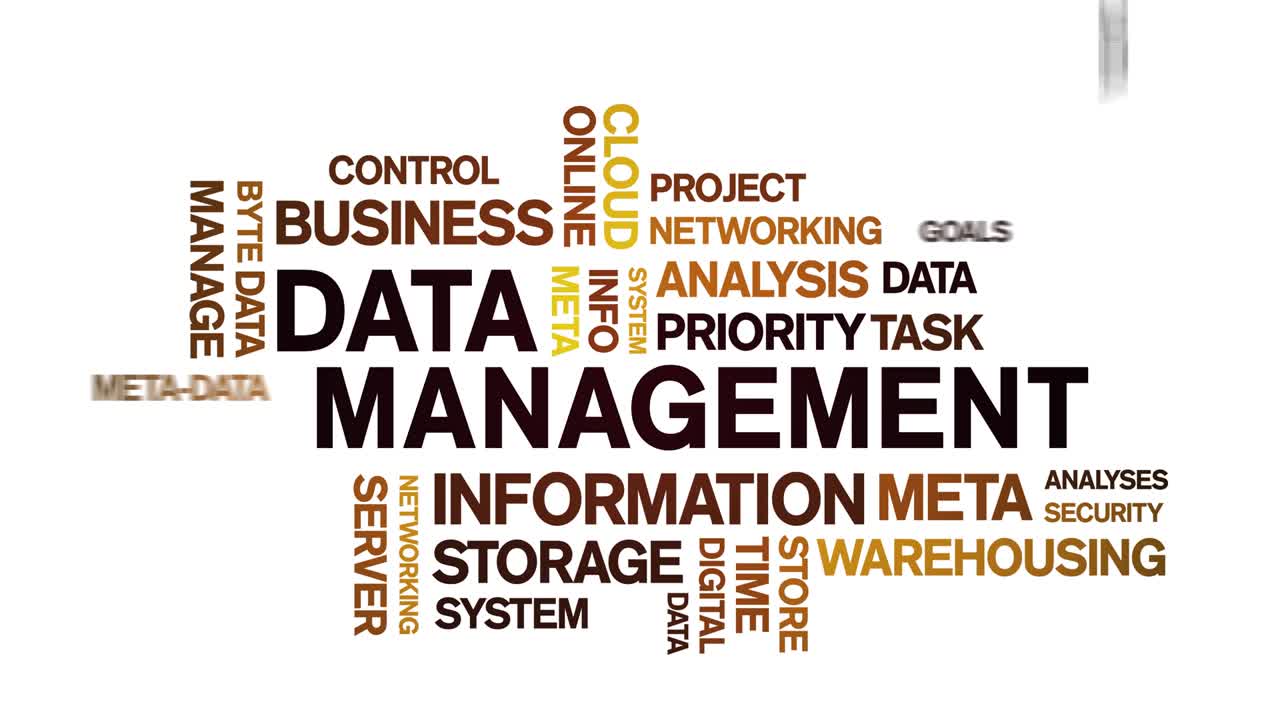 4k Data Management Animated Tag Word Cloud,Text Design Animation seamless loop.