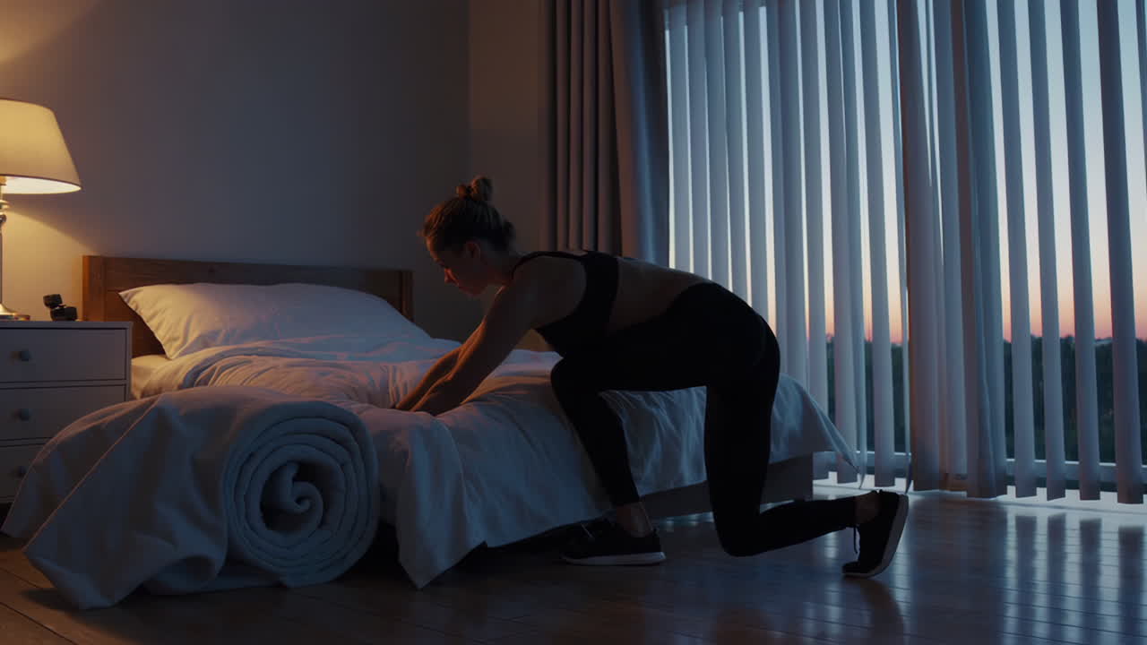Woman exercising in her bedroom at night