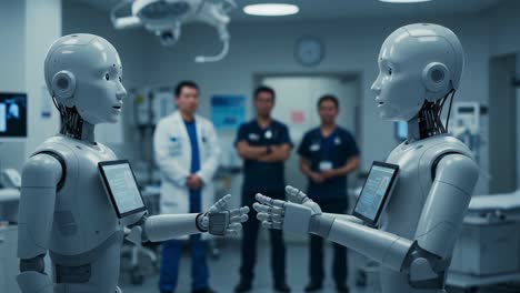 two advanced robots engaging in interaction in a modern medical facility with observing medical professionals in the background