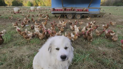 Ein-Großer-Weißer-Wächter-Schaut-In-Die-Kamera,-Während-Dahinter-Auf-Einer-Farm-Viele-Hühner-Mahlen