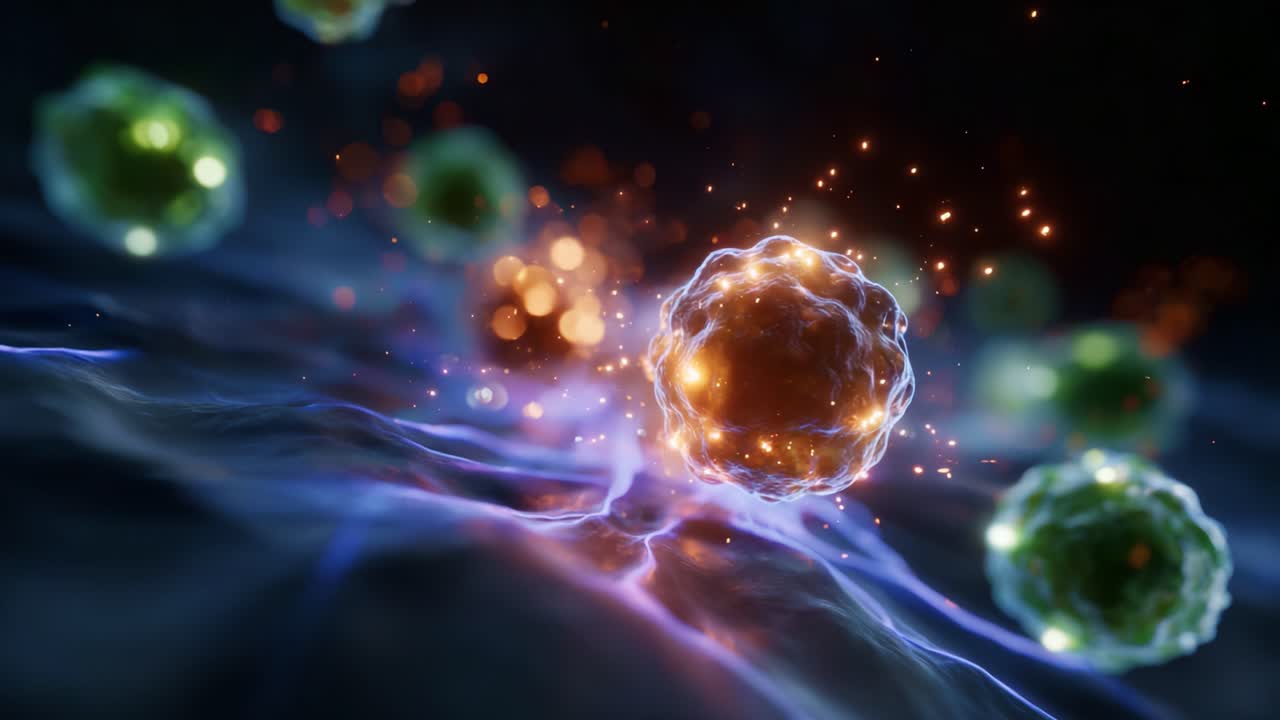 Dynamic Visualization of Energetic Cells in Motion: Captivating Look at Microcosmic Interactions and Vibrant Energy Patterns in a Cellular Environment