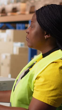 vertical video african american female worker typing awb shipment details on computer