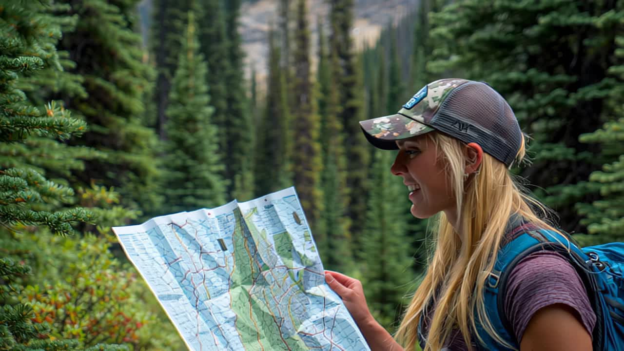 Side view of a young woman backpacker studying a paper map in a dense evergreen forest, planning route and navigation on a hiking trail in the mountains