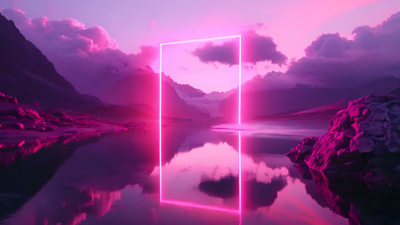 Neon Pink Portal Through Mountain Landscape