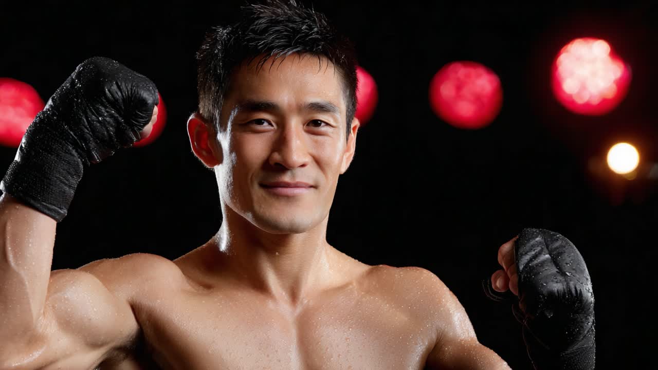 Dynamic Boxing Champion Celebrating Victory with Confident Pose and Focused Expression, Showcasing Strength and Athleticism Under Spotlight