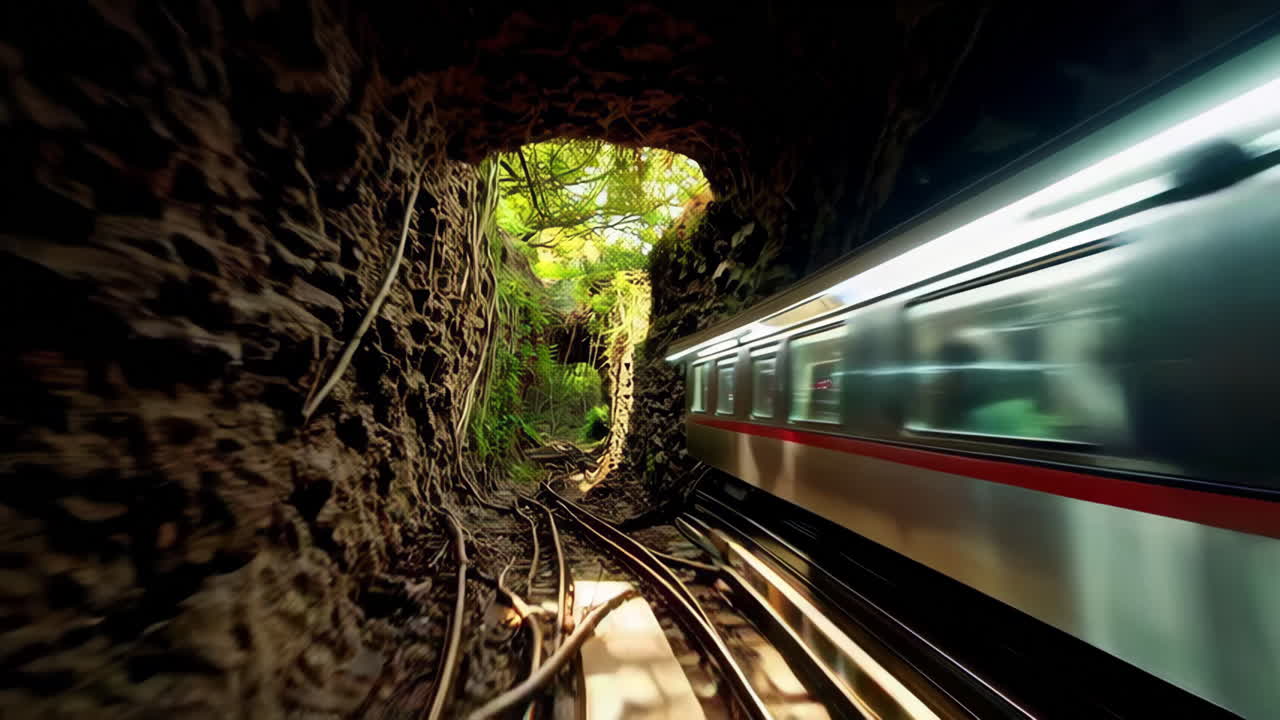 Underground Train Tunnel Through Lush Forest
