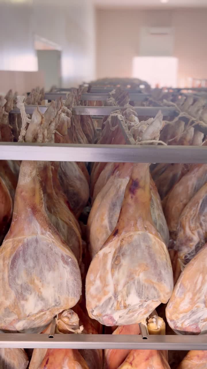 Spanish Ham Factory with Hanging Dry Cured Jamon Ready for Consumption
