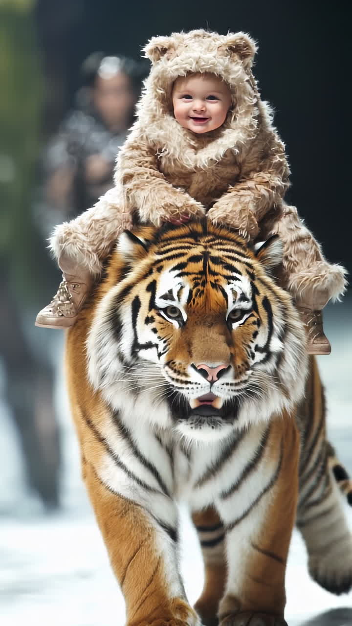 un niño montando un tigre mientras usa un disfraz adorable que cautivó a todos